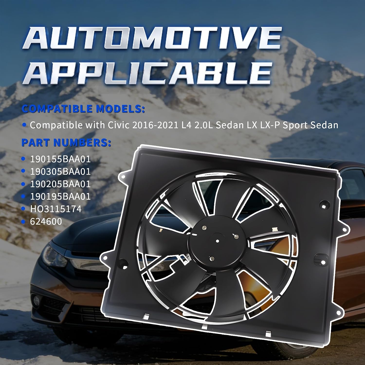 Engine Radiator Cooling Fan Assembly Compatible with Civic 2016-2021 L4 2.0L Replace 190155BAA01 190205BAA01 190195BAA01 HO3115174 Fan Cooling with Brushless Motor