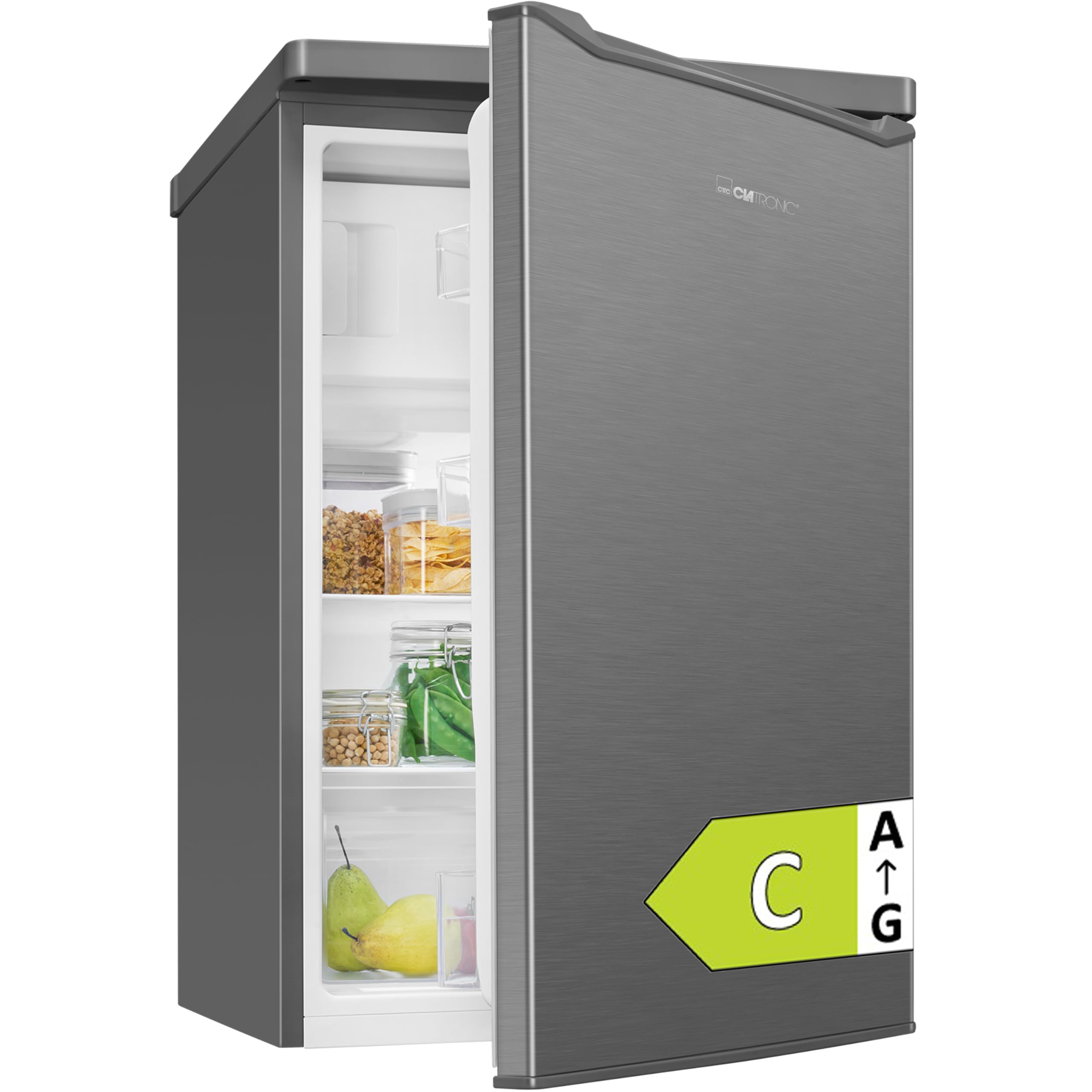Clatronic® Kühlschrank mit Gefrierfach | Energieklasse C | 85cm | Kühl schrank klein | leise 37dB | Türanschlag wechselbar | 0°C - 8°C | 109L Fridge | kleiner Kühl-schrank KS 101 inox