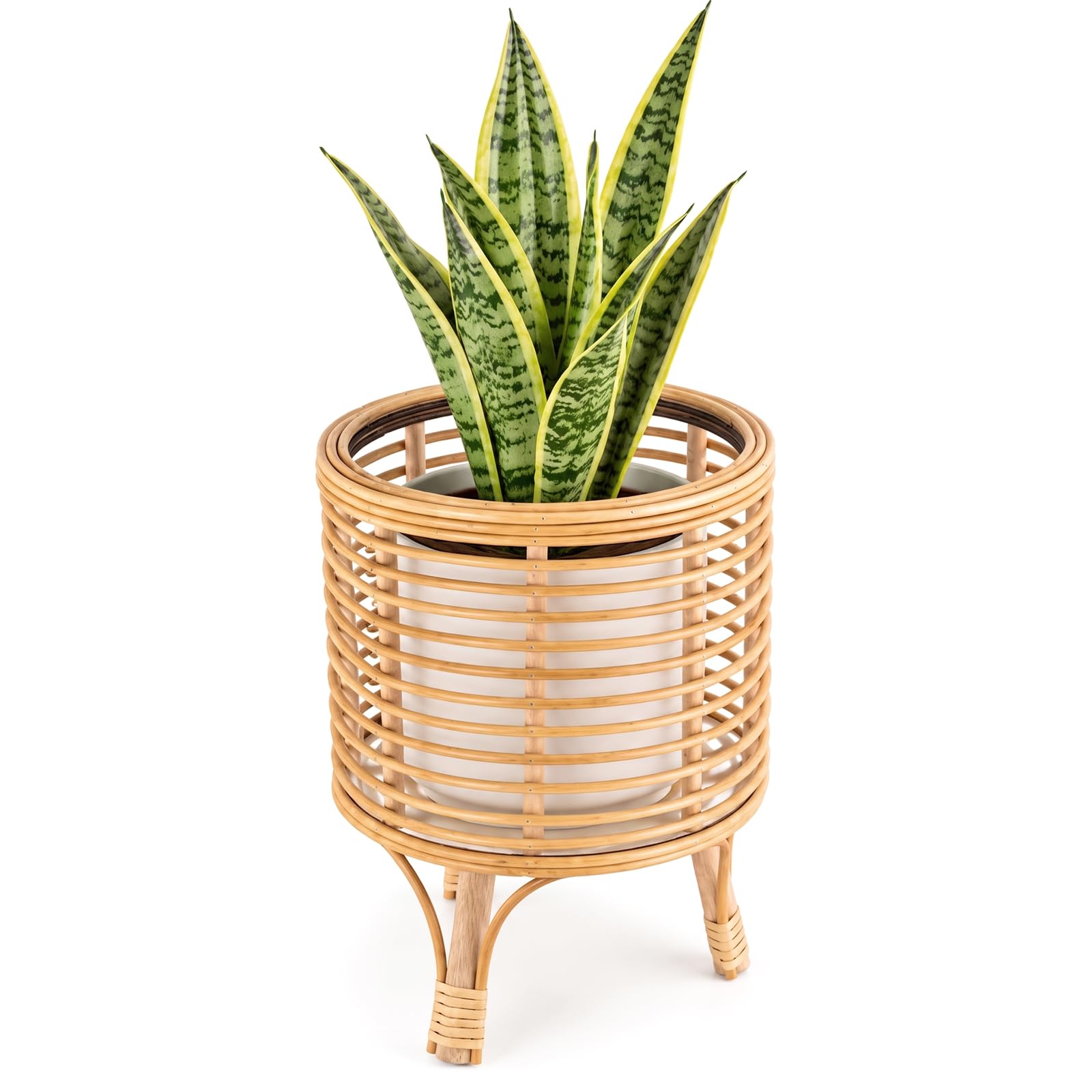 Rattan Plant Stand, Woven Floor Planter Basket with Handle (32.5×28.5cm)