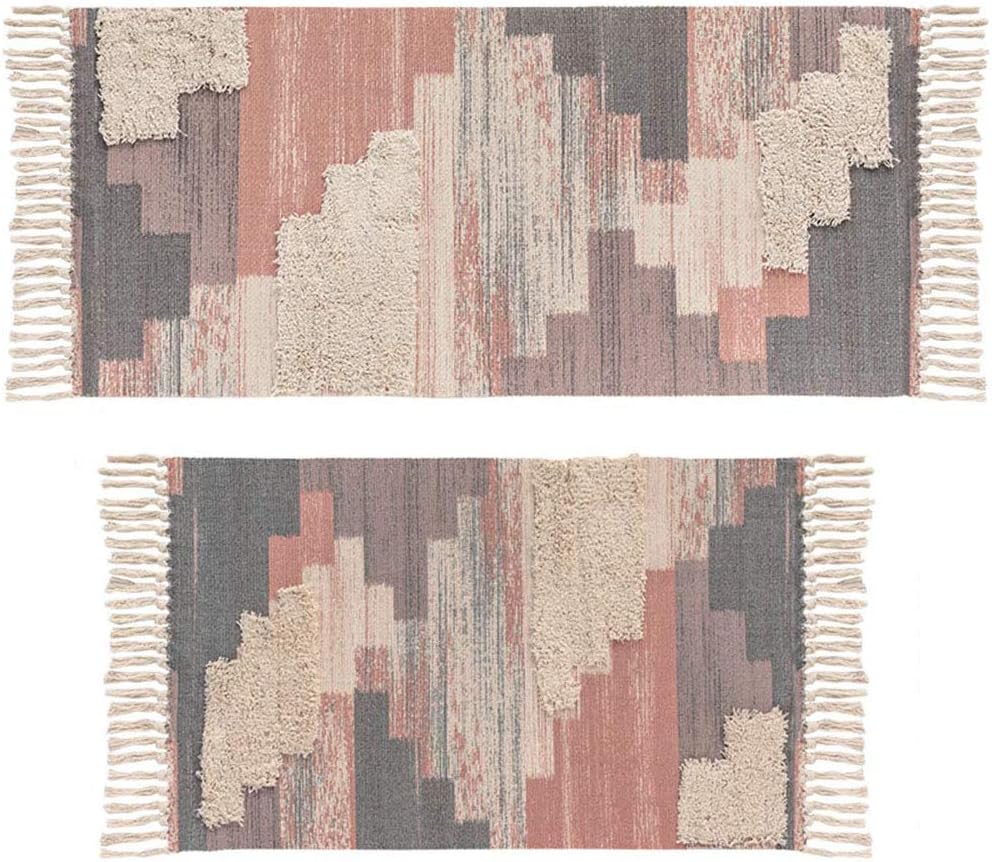 HiiARug Tuft Area Rug Set, Cotton Woven Throw Rug Cotton Floor Mat Machine Washable (2'x3‘+2'x4'4", Red 2pc)