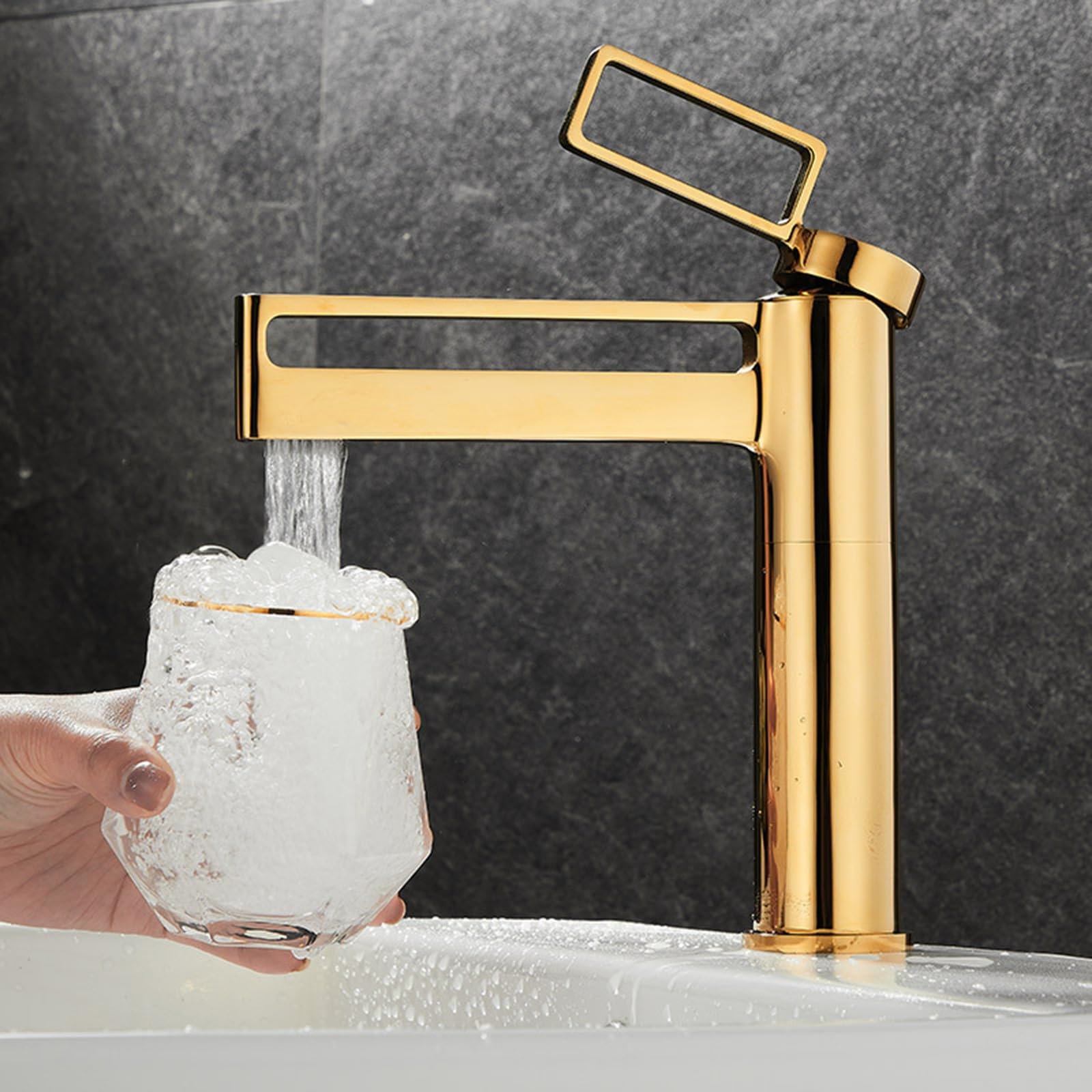 Grifo Lavabo en Cascada Grifo de Lavabo Grifo de Cascada Monomando Grifos Mezclador de Baño Grifo de Baño Lavabo Cascada Dorado Alto Grifo de Lavabo para Baño