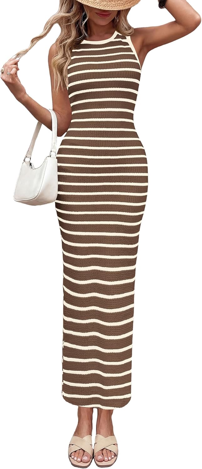 PRETTYGARDEN Sundresses for Women 2026 Summer Striped Knit Side Slit Spring Fashion Bodycon Maxi Dress Beach Vacation Clothes