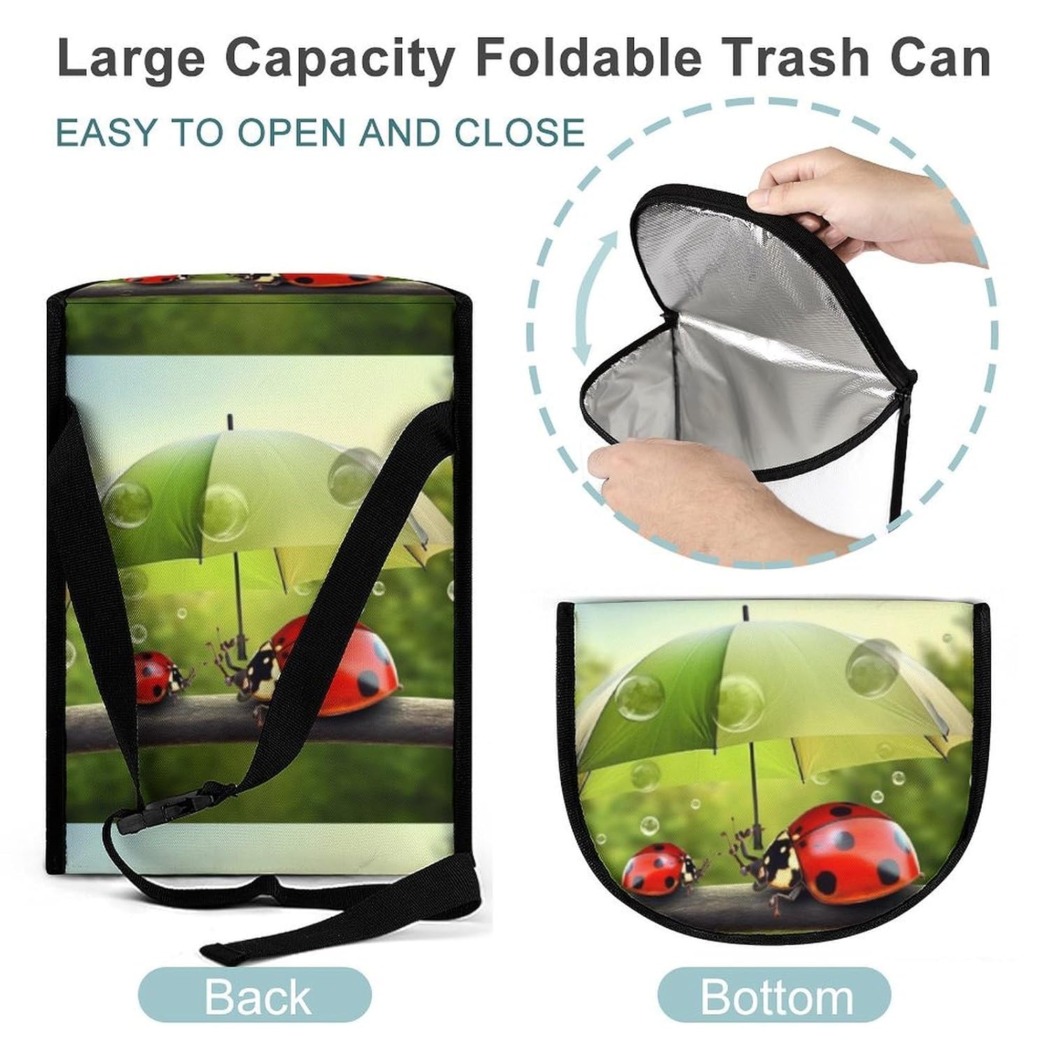 Funny Ladybug Holding Umbrellas Car Trash Can with Lid Large Capacity Hanging Auto Trash Bin Leak-Proof Waterproof Trash Bin Cars Must Haves Interior Accessories image 5