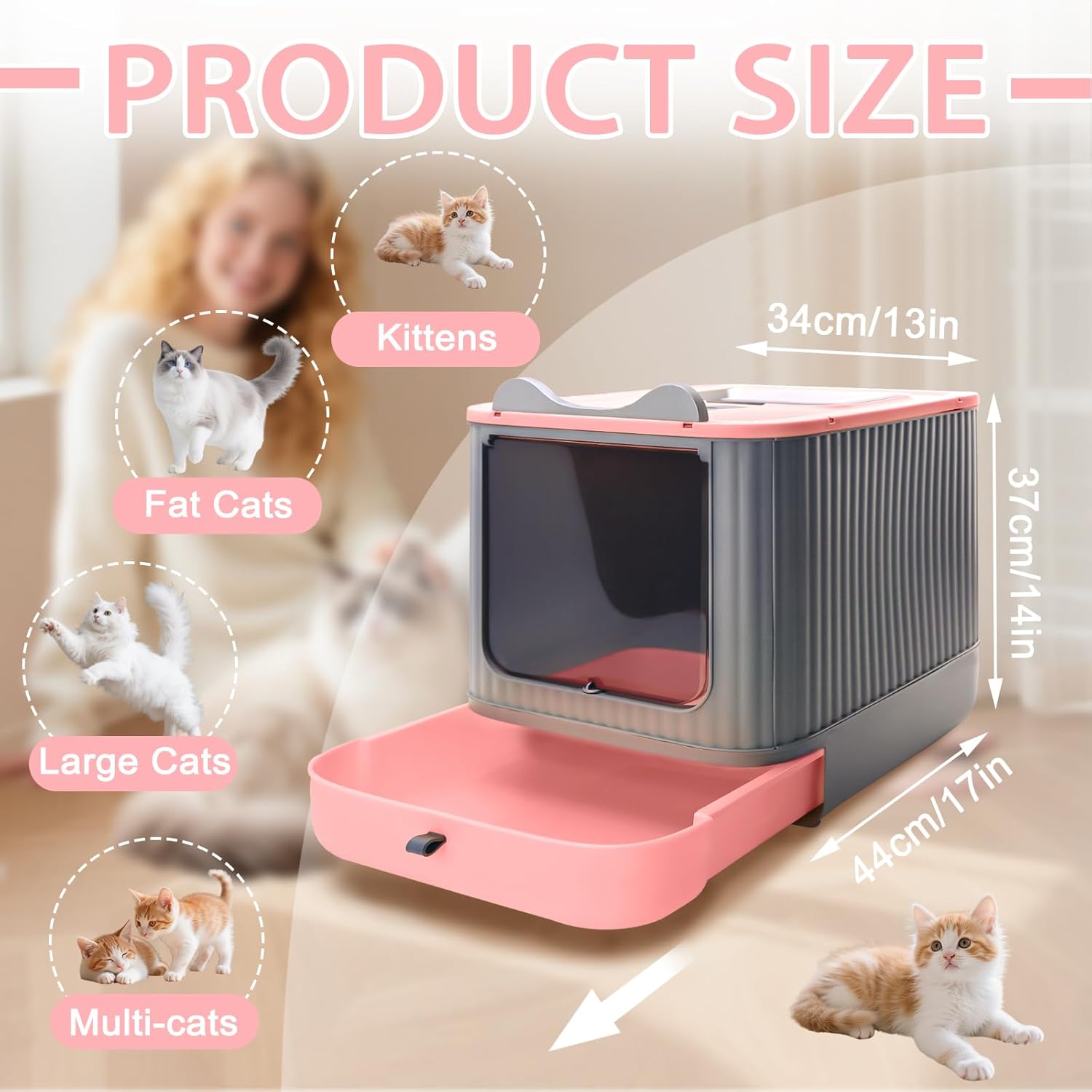 Cat Litter Box with Litter Mat, 17"x14"x13" Large Litter Box for Big Cats, Enclosed Removable Litter Boxs, Front Entry Top Exit Kitty Box, Odor Control, Easy to Clean (Pink Gray)