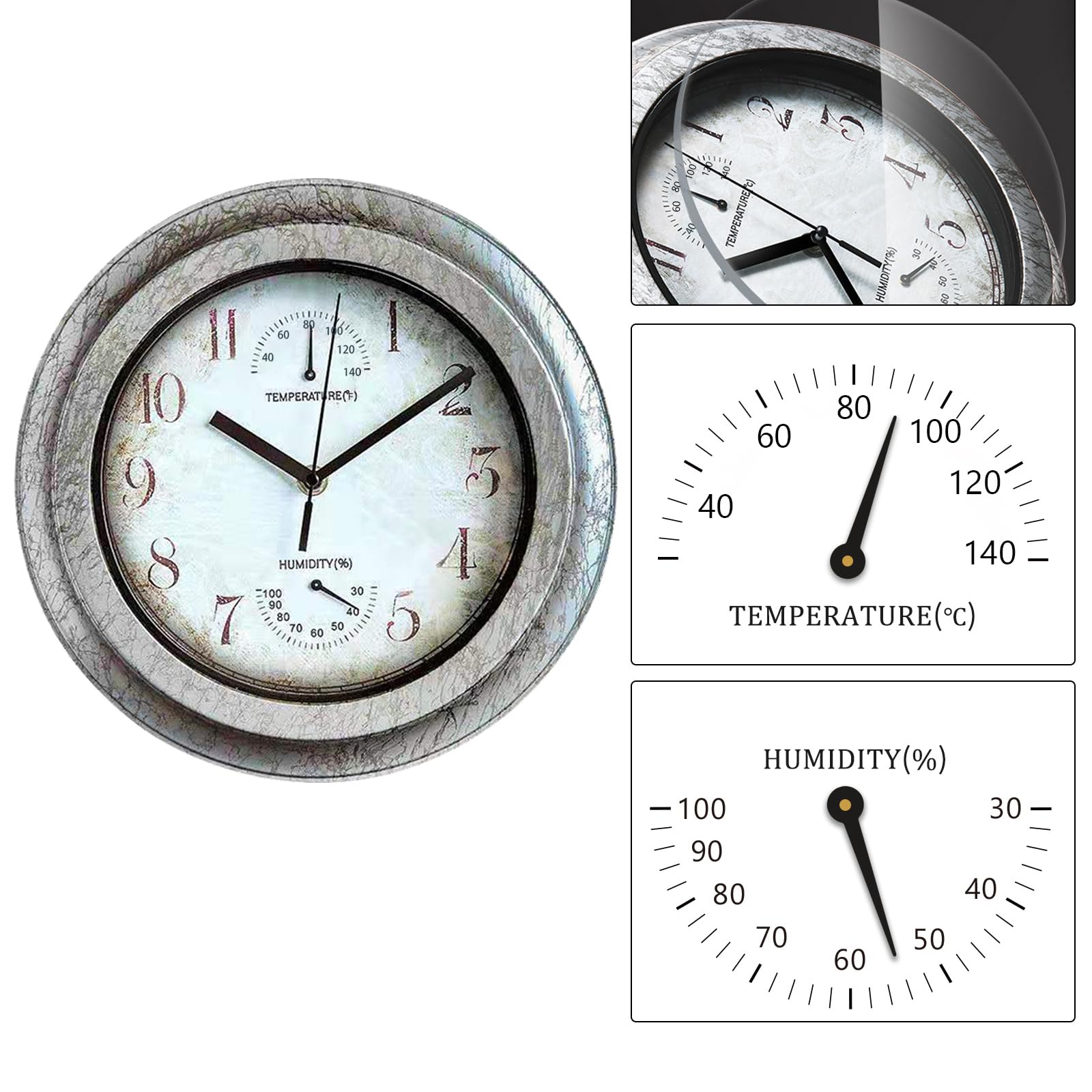 Orologio da parete vintage per esterni, 12 pollici, per interni ed esterni, con termometro e igrometro, stile industriale vintage