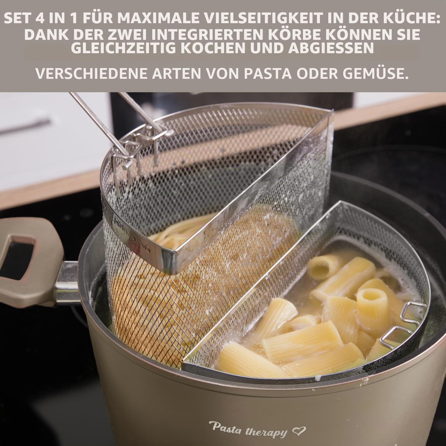 KASANOVA Pastatopf 22 cm mit 2 Körben und Deckel – Nudel- und Gemüsetopf, Doppelkorb für gleichzeitiges Garen, Induktionsgeeignet und für alle Herdarten (Taubengrau)