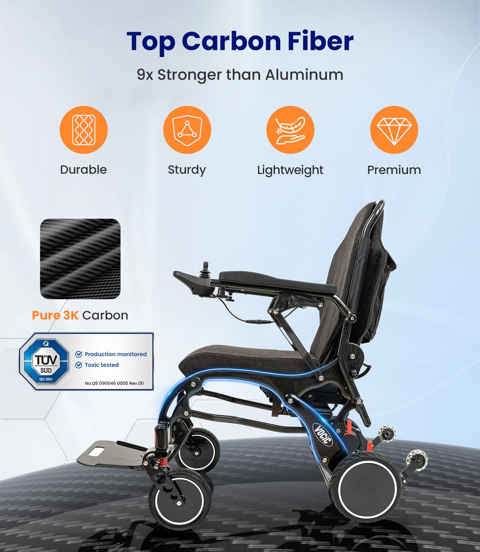 VOCIC V81 Carbono Silla de ruedas electrica plegable ligera 24KG,Sillas ruedas eléctrica de doble batería,28KM electric wheelchair para todos los terrenos,Aprobado por la aerolínea