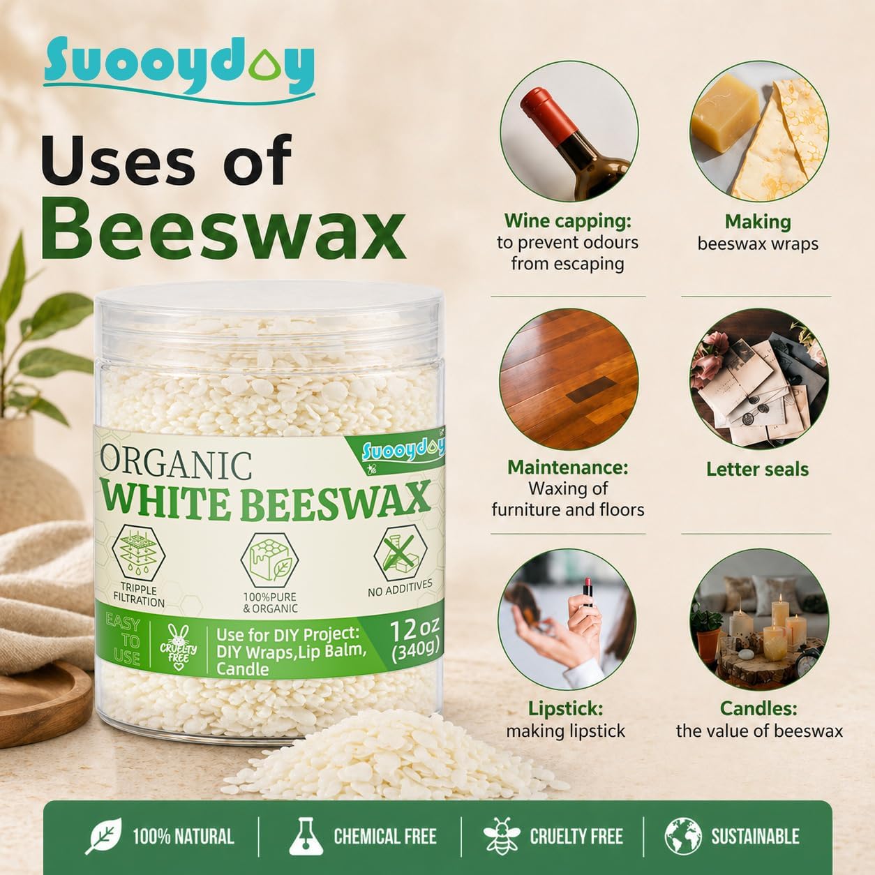 Beeswax Pellets 12oz, Beeswax Wraps for Food, Triple Filtered White Beeswax for Candle Making, Natural Beeswax for Beeswax Wraps & Pine Resin Food Wraps, Wax for Candle Making, DIY Projects, Stamps