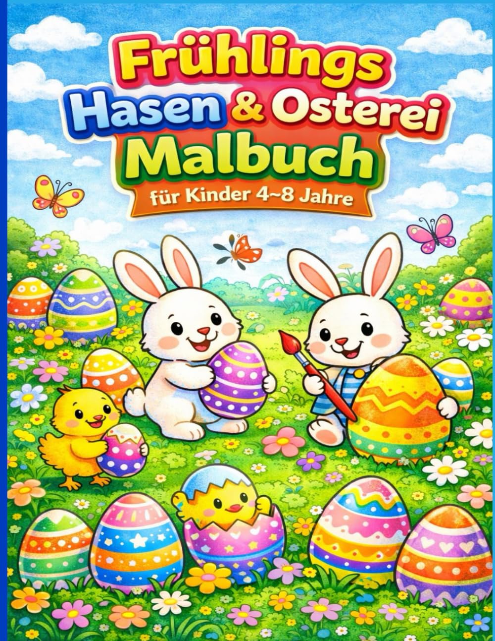Frühlings Hasen & Osterei Malbuch für Kinder 4–8 Jahre: Große einfache Frühlingsszenen mit süßen Hasen, Küken & Ostereiern