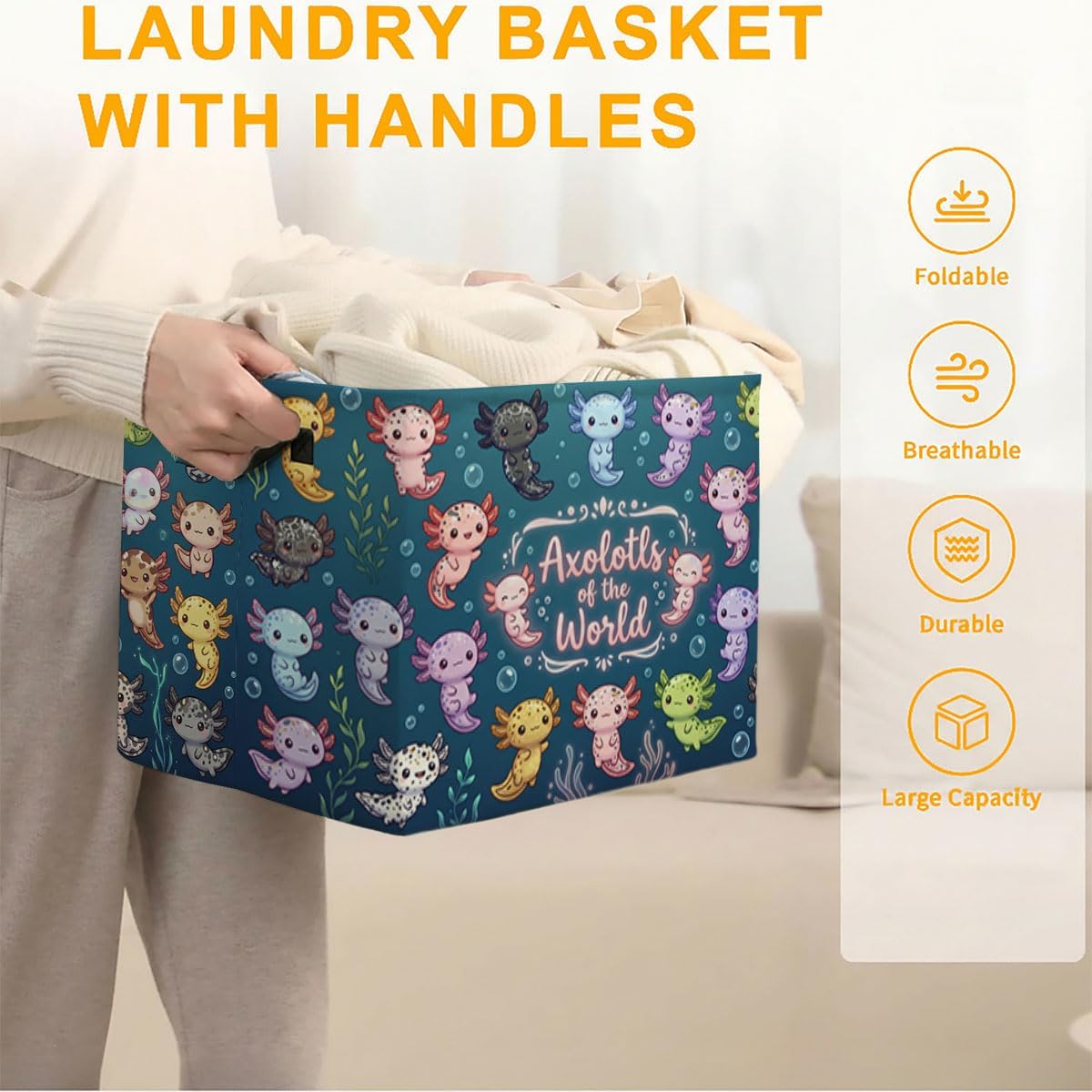 Cartoon Salamander Laundry Hamper, 56L Large Foldable Laundry Basket with Handles, for Family Clothes, Toy Storage Bin, Blankets,Decorative Organizer for Shelves & Closet Home Decor Bedroom & Nursery image 3