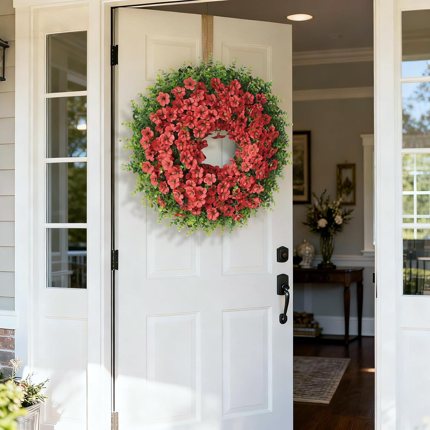 26" Large Artificial Eucalyptus with Flower Wreath for Front Door - Realistic Fake Silk Morning Glory Flowers, Faux Colored Flower Wreath for Home, Farmhouse, Wedding, Indoor, Outdoor Decor (Red)
