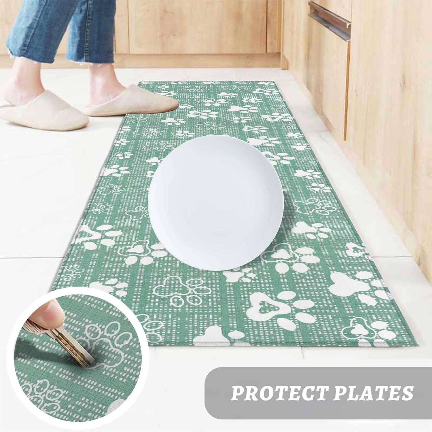 Teamery Kitchen Mats for Floor Cartoon Dog Paw Navy on Green Washable Non Slip Kitchen Rugs 1PCS, Abstract Prints Seamless Absorbent Standing Mats for Sink Bathroom Office Living Room 23.6x70.9in