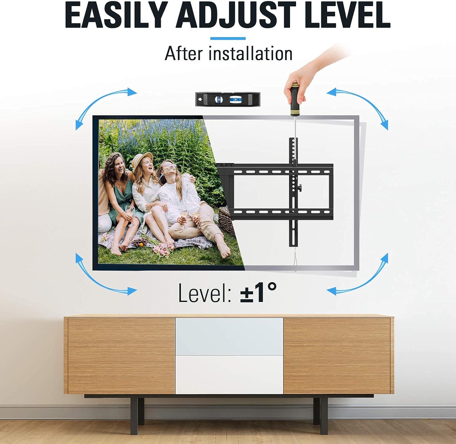 Image demonstrating post-installation level adjustment of +/-1 degree for the MD2263-XLK TV mount.