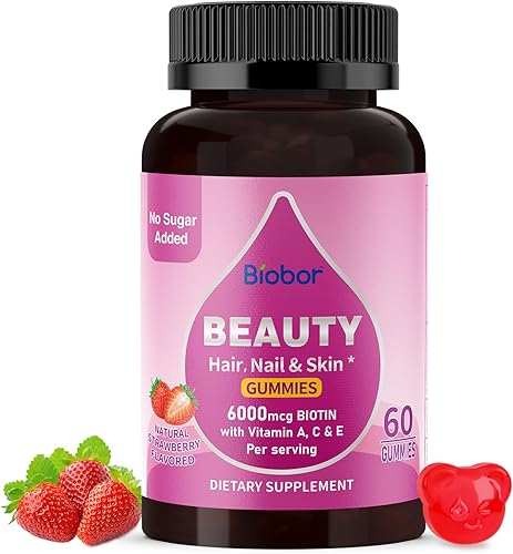 Gomitas naturales de biotina de 6000 mcg sin azúcar añadido, gomitas de belleza para el cabello, piel y uñas, con vitaminas A C E para mujeres y