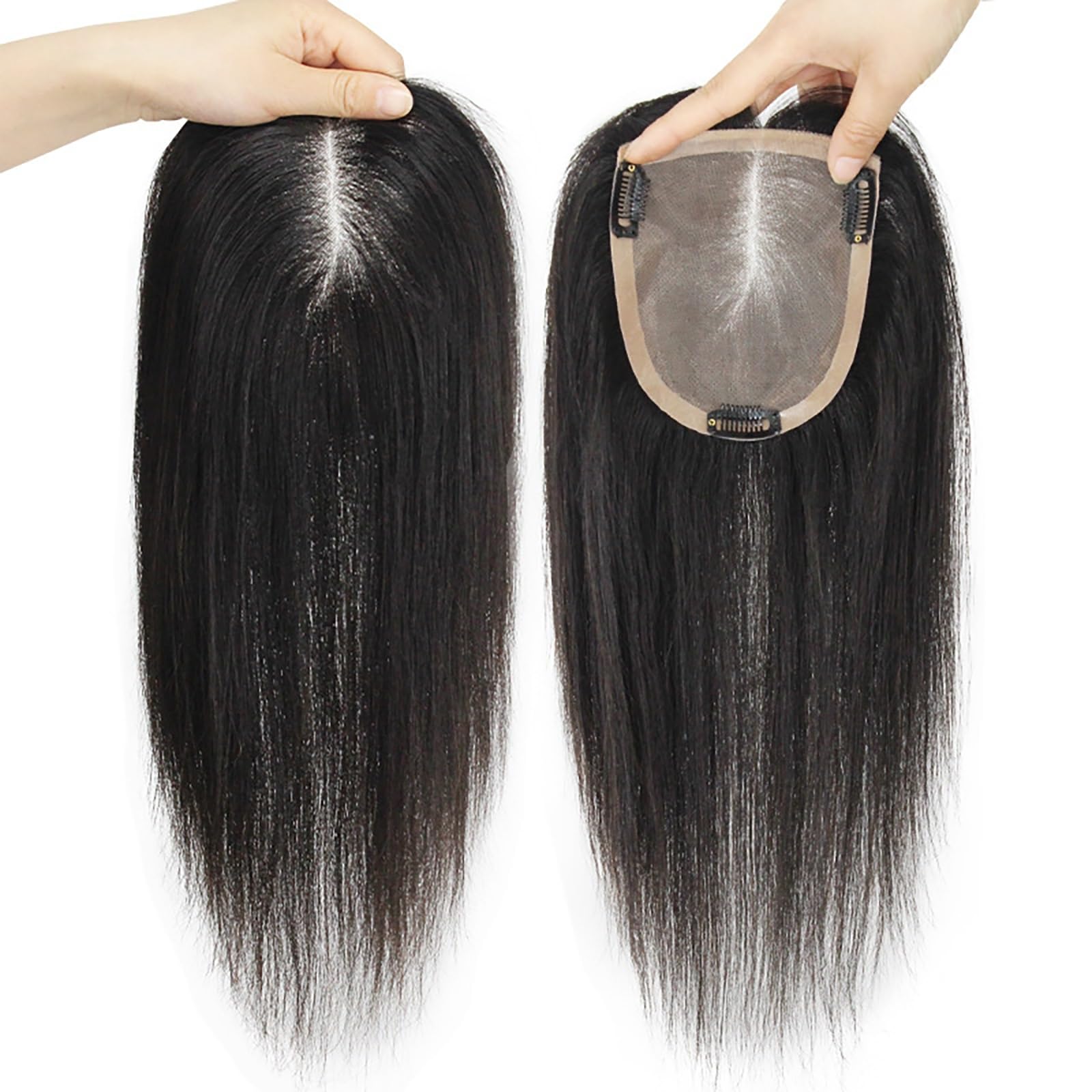 100 % Echthaar-Topper for Frauen 10/12 Zoll Schwarzes Toupet 13 X 15 Cm Langes Clip-In-Haarteil Auf Seidenbasis Mittelteil-Haarverlängerungen Bei Haarausfall/dünnem Haar/grauem Haar ( Size : 12 inch )