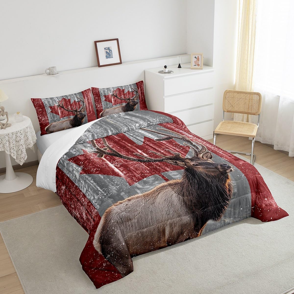 Vintage Red Maple Leaf 3 Pcs Comforter/Duvet Set,Western Wildlife Animals and Trees Ultra Soft Bed Collection,Elk Deer Canadian Flag Bedding for Room Decor 3 Pcs,Microfiber Breathable,King