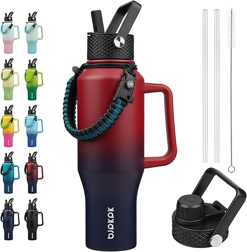 Miniatura 39 de BJPKPK Botellas de agua aisladas con tapa con pajita, botella de agua de metal de 23 onzas con 2 tapas y correa de paracord, vasos al vacío de acero