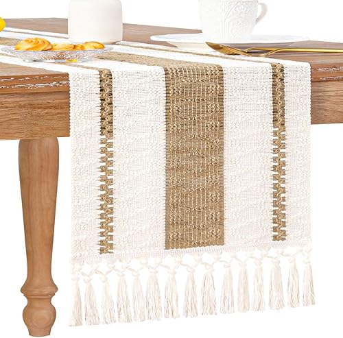 Socomi Camino de mesa bohemio de macramé de 72 pulgadas de algodón tejido y arpillera, camino de mesa rústico con borlas hechas a mano para comedor,