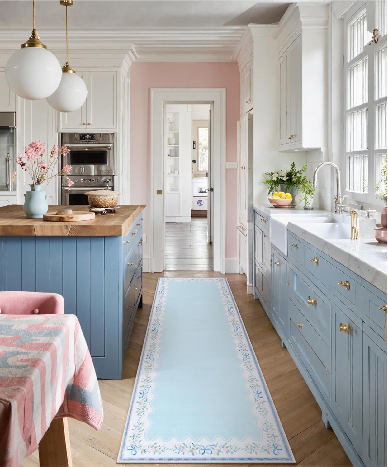 Seavish Blue Floral Scalloped Rug, 2×6 Rug Runners for Hallways Non Slip, Low Pile Soft Accent Bedroom Rug, Boho Washable Floor Carpet Runners for Kitchen Entryway Bathroom Nursery Laundry