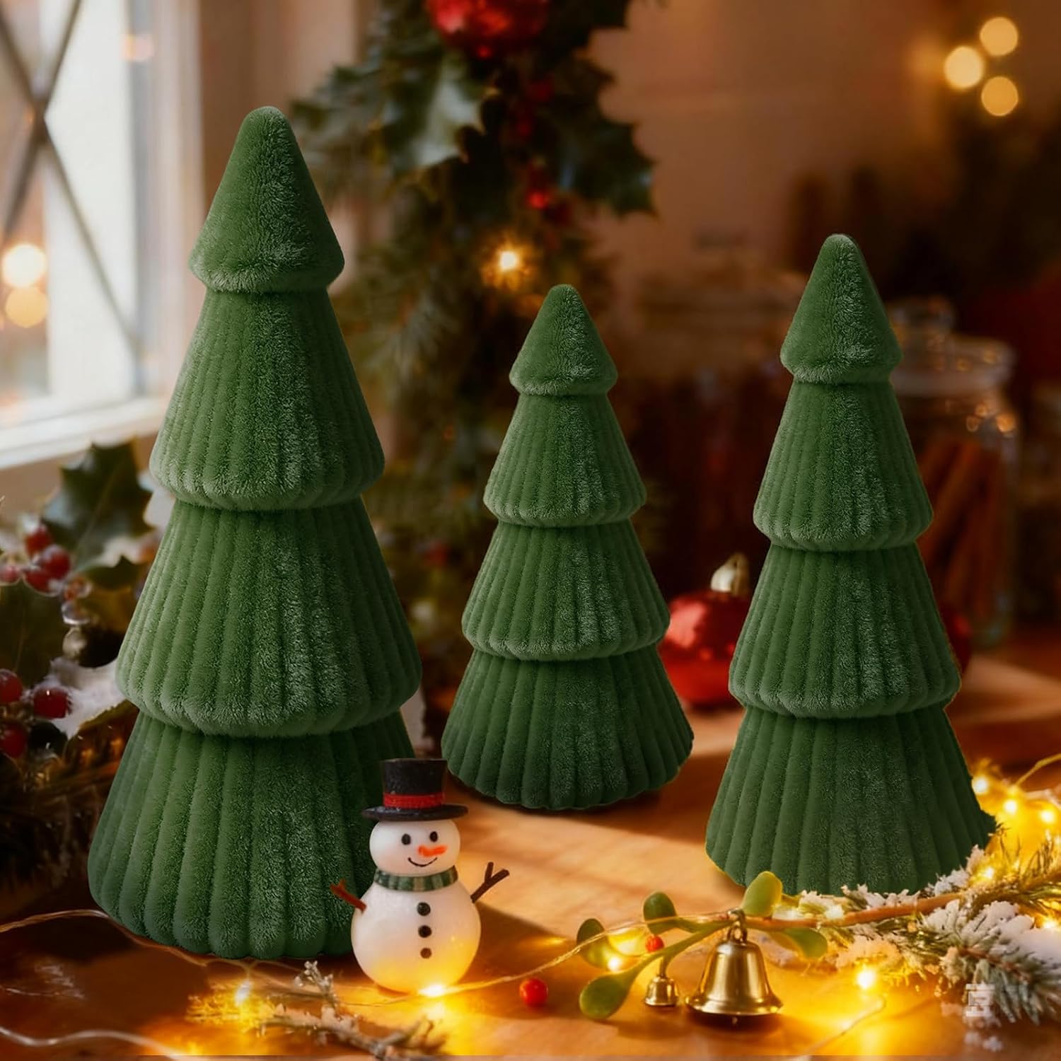 Christmas Table Decorations Indoor- 3 Pcs Flocked Velvet Christmas Trees with Lights, Modern Cone Christmas Tree Tabletop Centerpieces for Xmas Party Tabletop Mantel Tiered Tray Home Decor, Dark Green