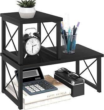 ELITEROO Wood Desktop Shelf, Freestanding Small Bookshelf Organizers | 2 Tier Independent Stackable Desk Stand, Adjustable Storage Dorm Supplies Organizer, Kitchen Counter Display Rack, Black