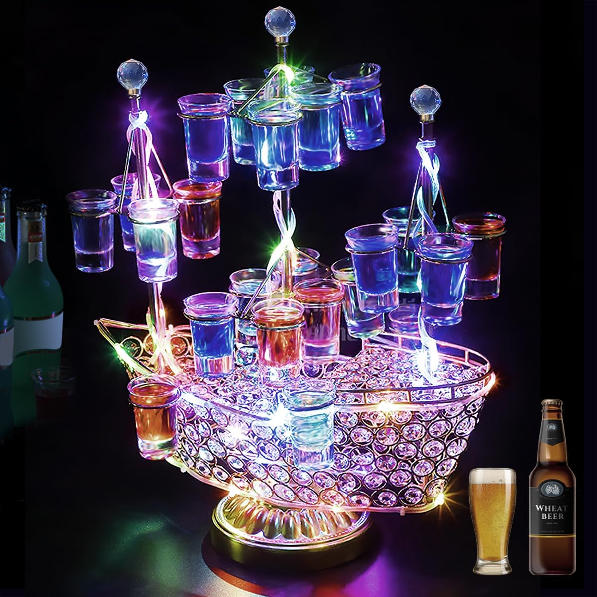 LED Neon Champagne Wine Electroplate Metal Cup Holder Ship Shaped Rechargeable Cocktail Shelve with 24 Wine Holes for Party Club, KTV, Bar,Birthday, Wedding, Anniversary