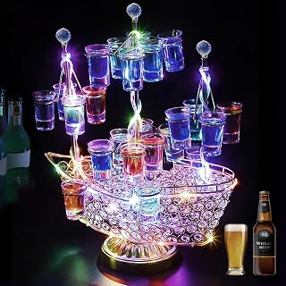 LEDグラスホルダー LEDボトルの表示棚 ホルダー 船 グラススタンド 24カップ 自動カラーチェンジ 装飾 テキーラ観覧車 LEDグラス カップホルダー 船の造形 LEDグラス収納 装飾品 雰囲気 パーティー、KTV、誕生日、クリスマス (船)