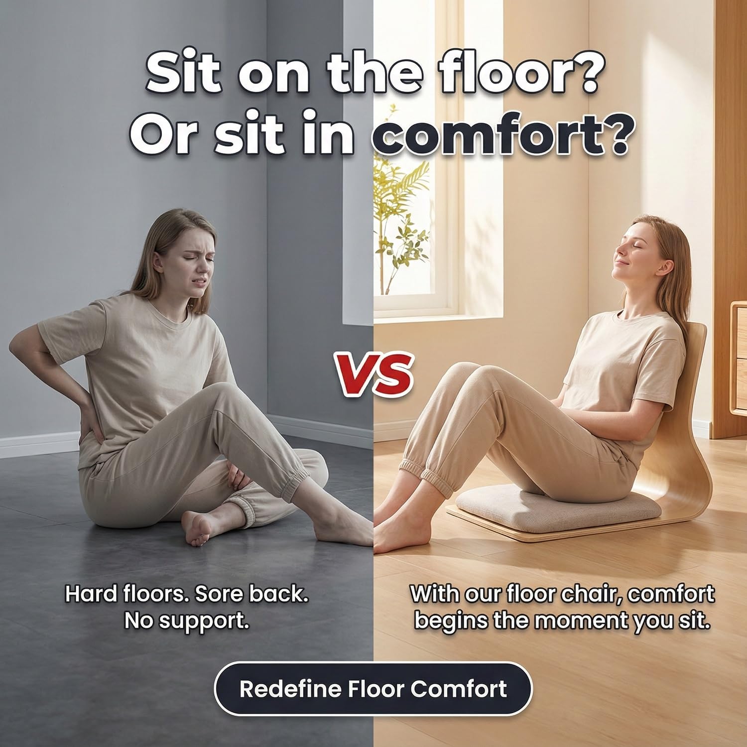 Zaisu Japanischer Bodenstuhl mit Lendenwirbelstütze, Ergonomischer Tatami Sitz aus Holz ohne Beine, Tragbarer Stuhl für Meditation, Lesen, Gaming