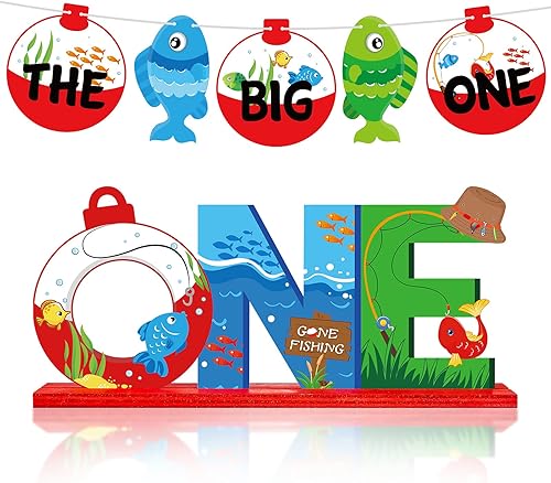 Ofishally - 2 decoraciones de cumpleaños, mesa de pesca, centro de mesa de madera y pancarta de peces desaparecidos, suministros de fiesta temática