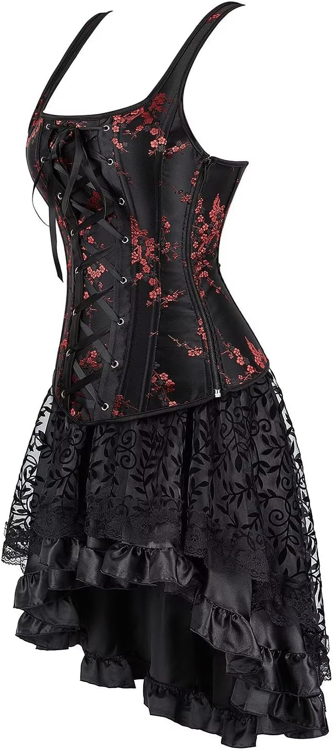 Jutrisujo Corsets for Women Bustiers Overbust Dress Top Skirt Set Halter Zipper Brocade Floral Plus Size Black