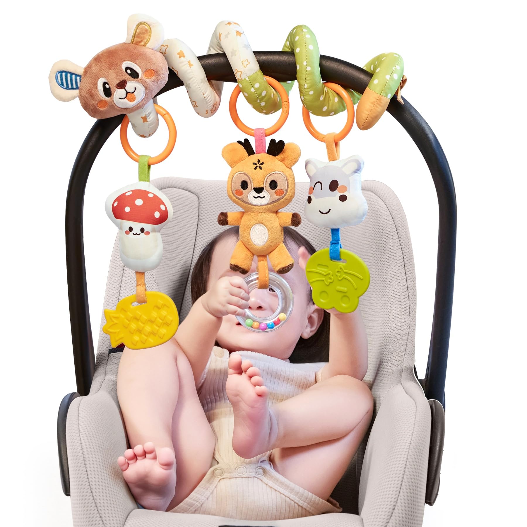 TUMAMA Spiraalspeelgoed voor baby, kinderwagen speelgoed voor in de autostoel, hangend speelgoed met rammelaar, pluche zacht speelgoed voor in de wieg, sensorisch speelgoed voor vroegtijdige educatie