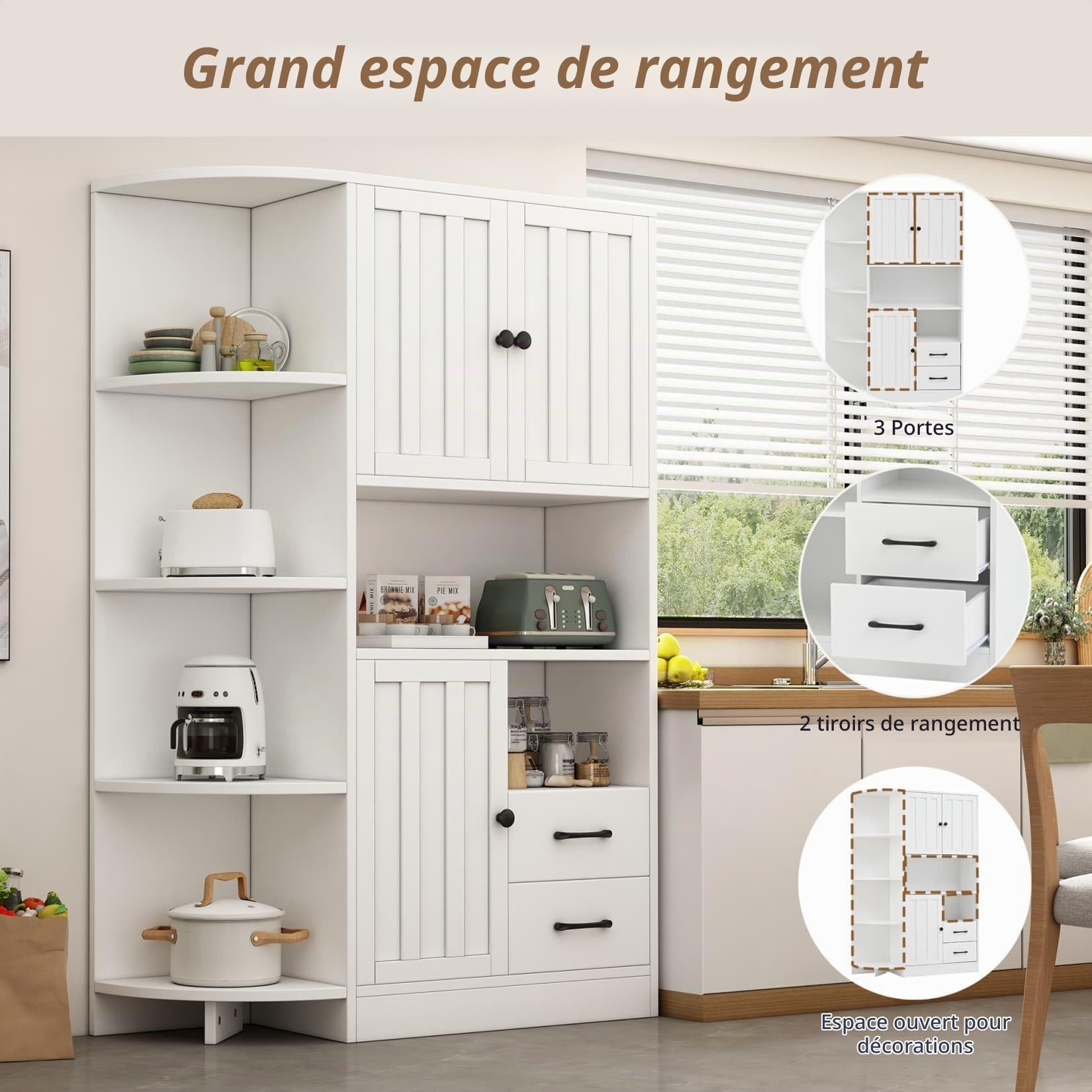 Meuble Cuisine,Armoire de Rangement 104x35x155,Placard Rangement,Buffet Cuisine,Commode Chambre,Vaisselier Salle a Manger avec 3 Armoires,2 Tiroirs,étagères Ouvertes,Blanc