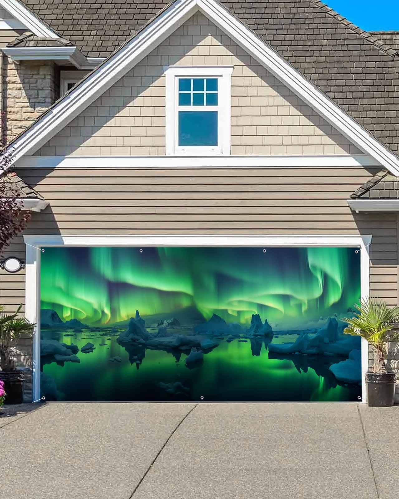 Garage Door Decorations Banner Cover 7x16 Ft Outdoor Indoor Garage Door Cover Lake Aurora Borealis Icelandic Pattern Large Hanging Backdrop Mural Wall