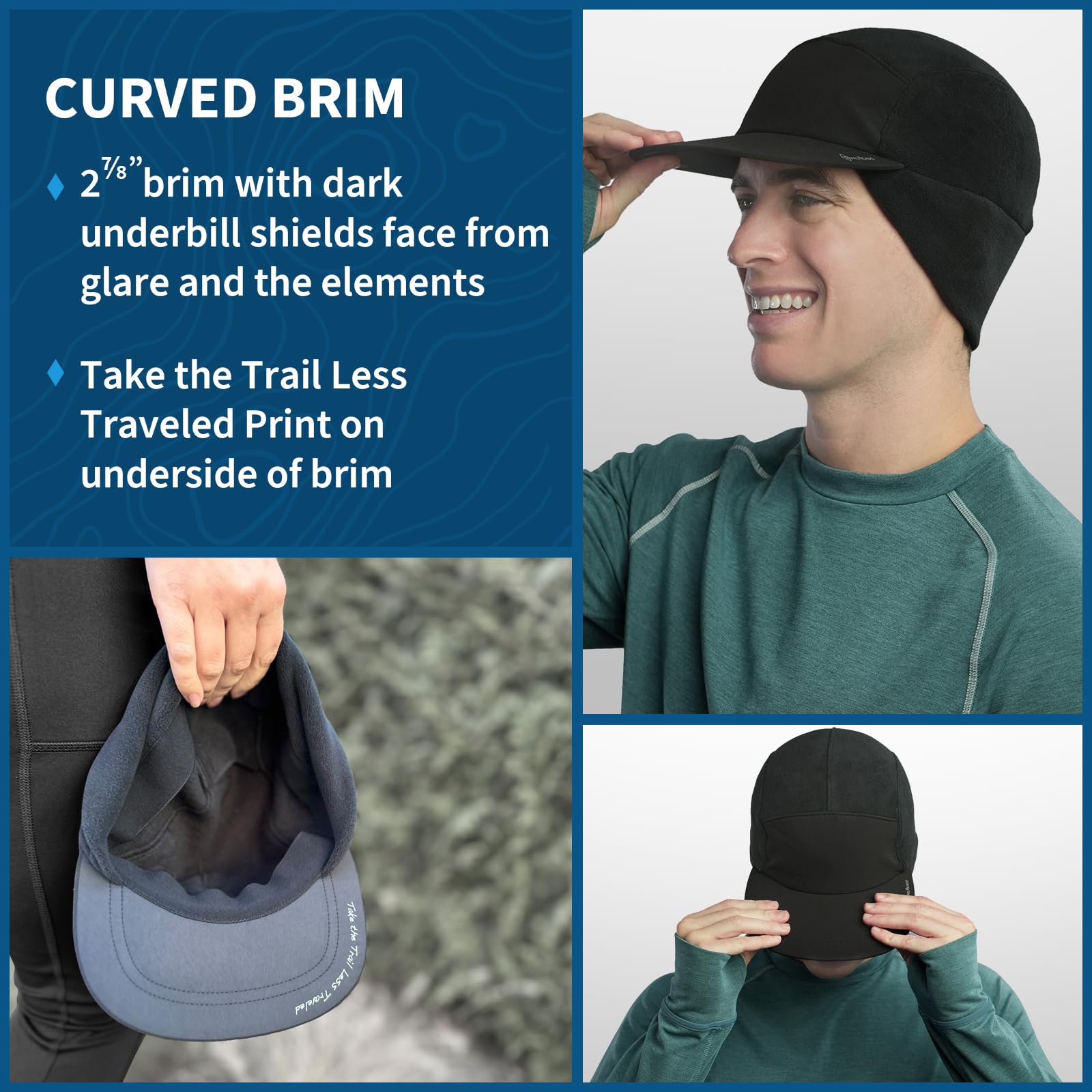 TrailHeads Gorro de invierno para hombre con visera, gorro de forro polar para hombre, sombreros cálidos para hombre, gorro negro, para correr, golf de invierno