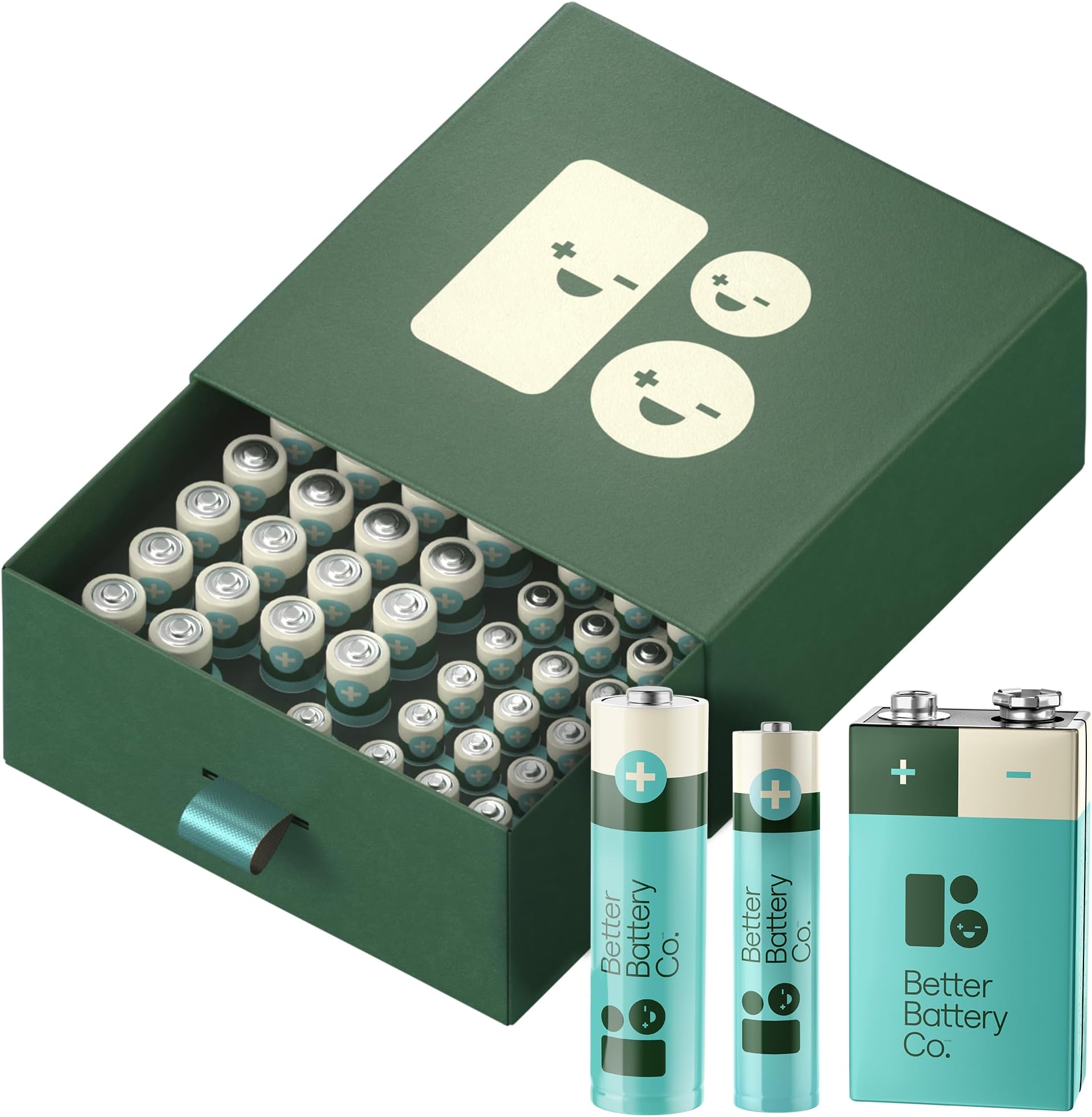 Better Battery Co. Variety Pack โ AAA & AA & 9V Mixed Batteries โ High-Performance Carbon Neutral Batteries with Organizer Box & Built-in Recycling Program โ Bulk Combo Set 22x AA, 22x AAA & 2X 9V