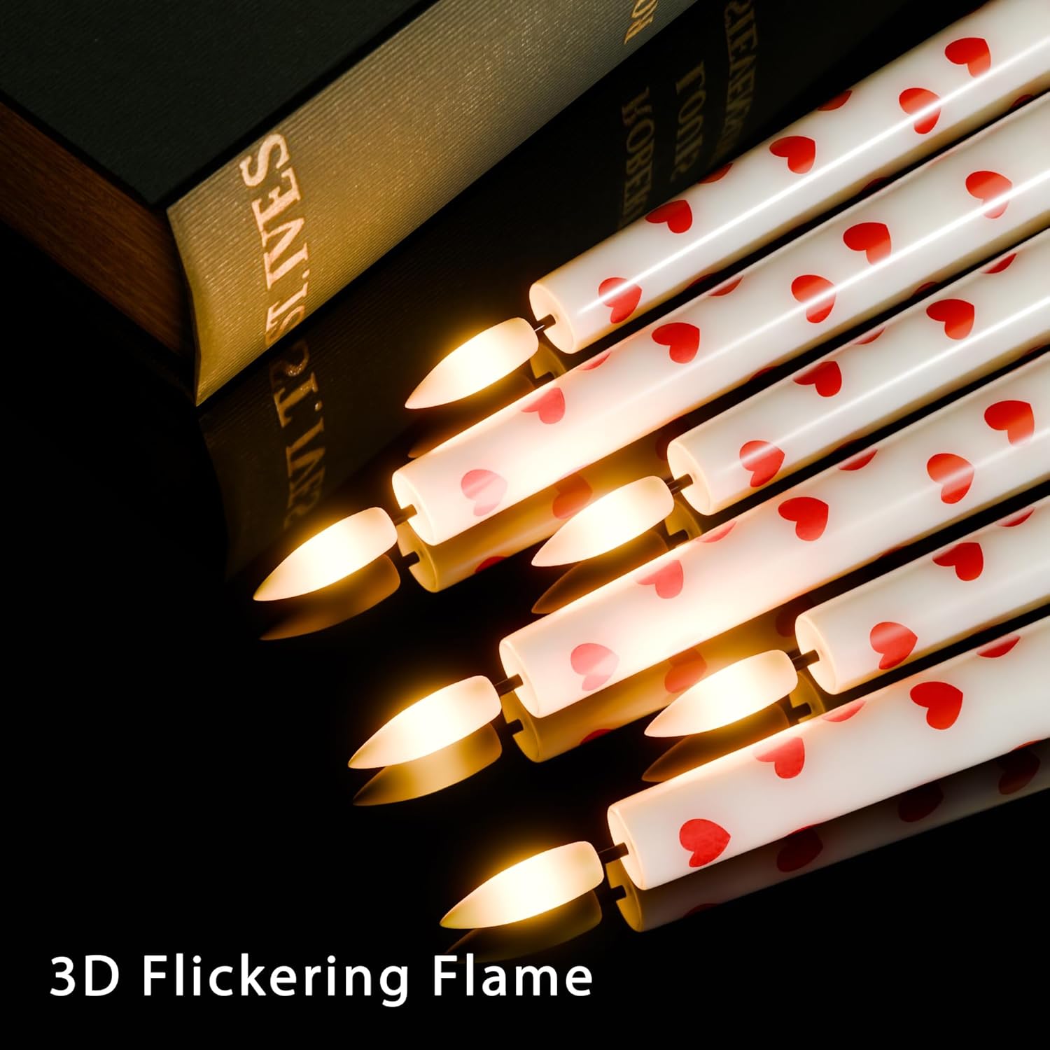 Valentine Day Flameless Taper Candles with Heart, 9.6" Real Wax LED Candles with Remote, 3 Pack Flickering Battery Operated Candlesticks for Proposal Wedding Anniversary Romantic Night