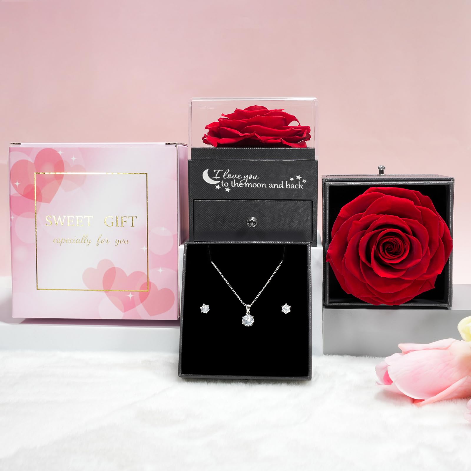 Sunia Festa della Mamma Idee Regalo, Vera Rosa Eterna con Collana Argento 925 Donna con e Orecchini, Rosa Stabilizzata Vera, Idee Regalo Donna, Regalo Mamma Compleanno, Regalo Festa della Mamma