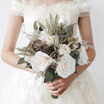 Jackcsale Wedding Bouquets for Bride,Artificial Roses Flower Bridal Bridesmaid Bouquets Silk Roses Bridal Wedding Romantic Bouquets for Wedding Ceremony Anniversary Party Home Decoration,Cream Khaki
