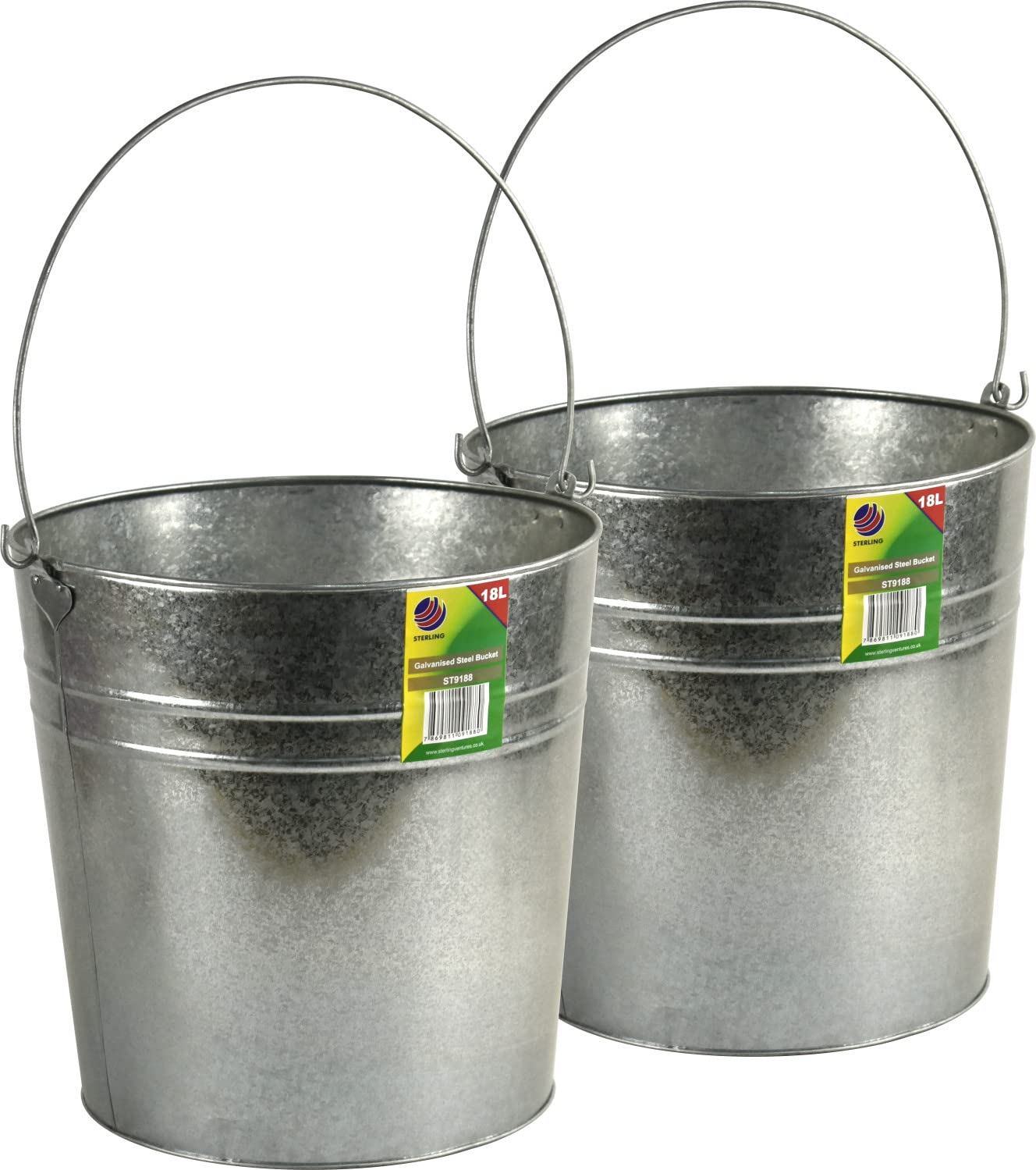 Galvanised Steel Bucket 18L Set Of 2 Buckets with Wooden Handle Support (Set of 2 18L Buckets)
