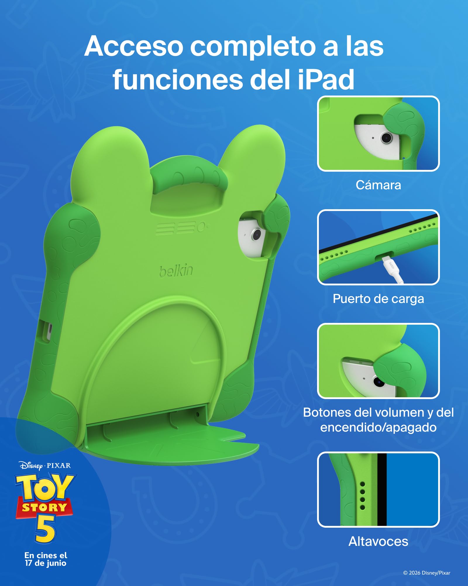 Belkin Disney y Pixar Toy Story 5 Funda Inspirada en Lilypad, Funda iPad A16 11.ª Gen 2025 11" y 10. ª Gen 2022 10,9" No Tóxica, Antigolpes con Asa y Soporte, Carcasa Protectora Trasera Resistente