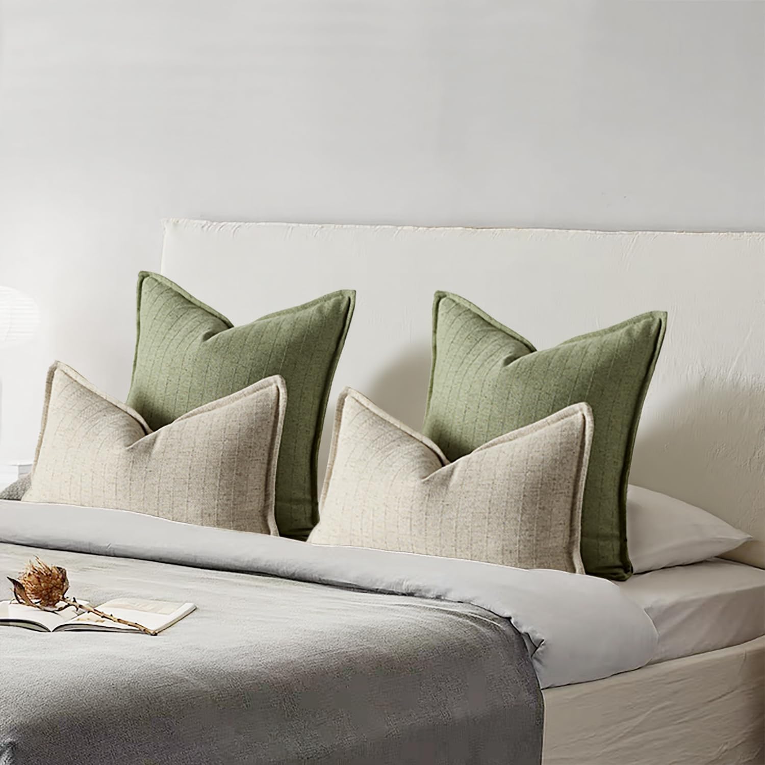 DEZENE 22x22 Linen Pillow Covers Sage Green Pack of 2 Farmhouse Boho Neutral Accents Striped Textured Square Decorative Throw Pillow Cases for Living Room Couch Bed Home Decor