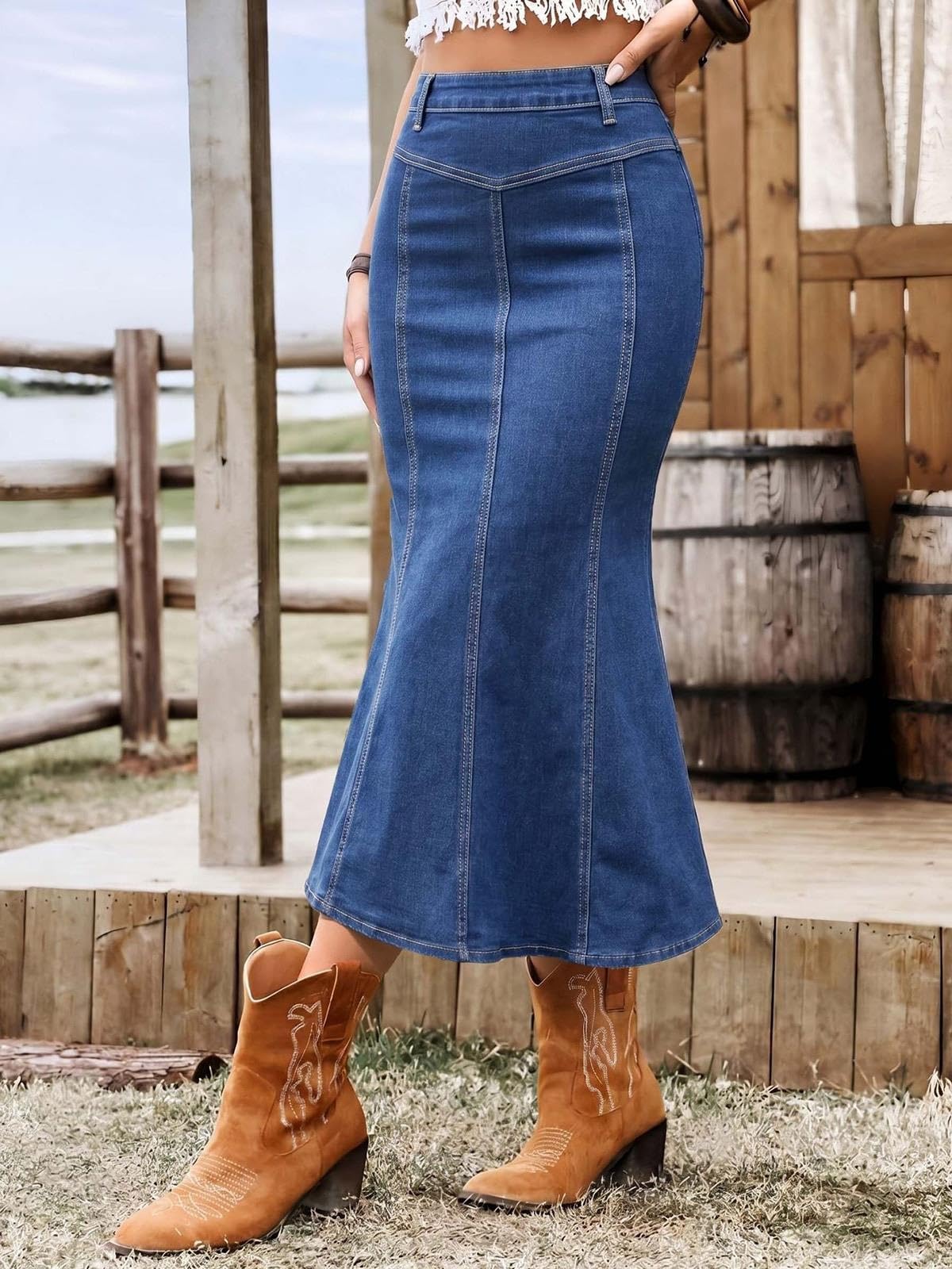 Gonna In Denim Da Donna,Gonne Midi In Jeans A Coda Di Pesce,A Vita Alta