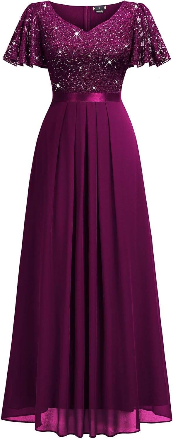 Miusol Women's Retro V-Neck Ruffle Sleeve Sequined Floral Lace Bridesmaid Party Maxi Dress - Image 4