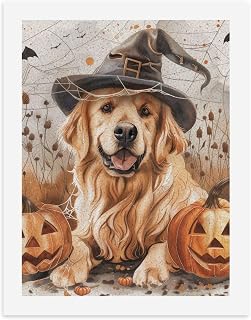 Deiubuc Cute Golden Retriever Dog Halloween Paint by Numbers Kit for Adults Beginner Pumpkins Paint by Number Kit Canvas Brushes for Home Decor 19x15 in Frameless