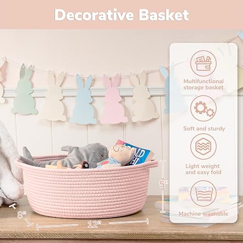 Miniatura 14 de Goodpick Cesta tejida pequeña, linda cuerda rosa, cesta de algodón para bebé, cesta de almacenamiento para habitación de guardería, caja de juguetes