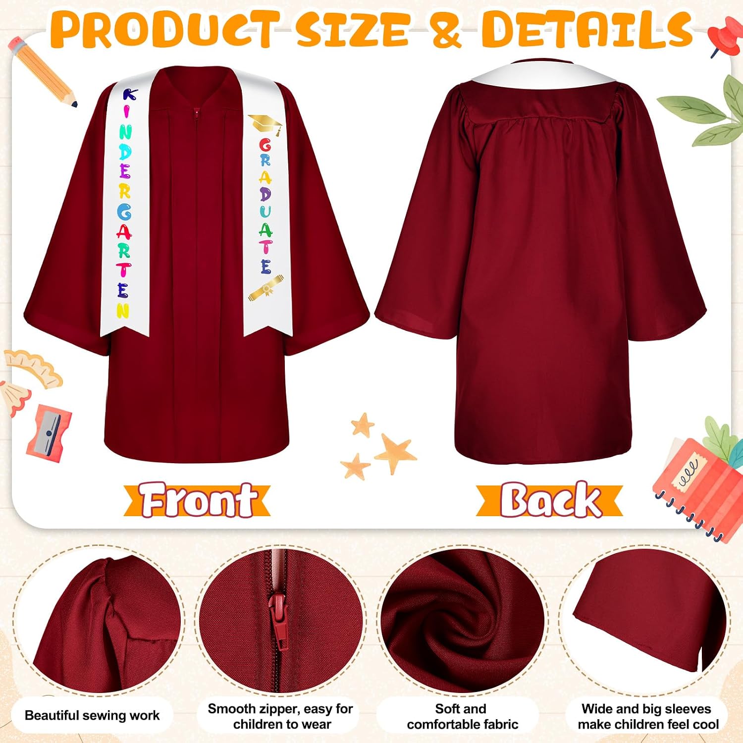 Lasnten Matte Kindergarten Graduation Gown Cap Tassel Set with 2026/2027 Charm Stole Accessories for Kids Grad Gift