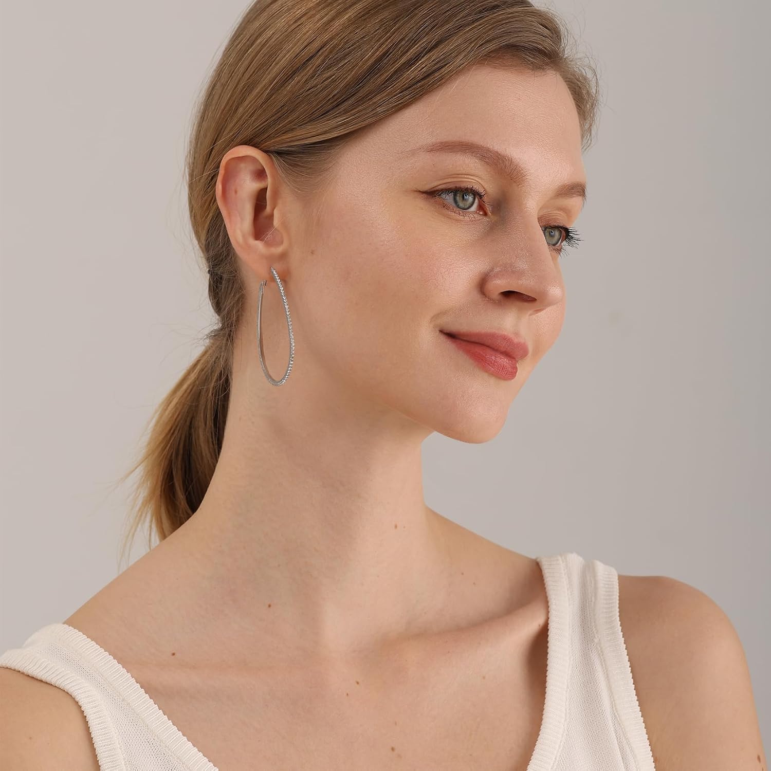 PRETOLE 925 Sterling Silver Hoop Earrings Rhinestone Large Silver Hoop Earrings Oval Big Hoops Earrings for Women Lightweight Hypoallergenic Extra Large Silver Hoops Earrings for Women (50/60/70MM) - Image 7