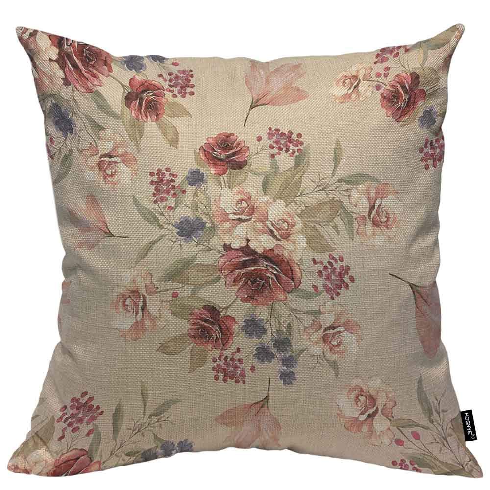 HOSNYE Flowers and Leaves Throw Pillow Cushion Cover Floral Pattern Fabric Bordeaux Roses Pillow Case Decorative Square Accent Pillow Case 20x20 inch