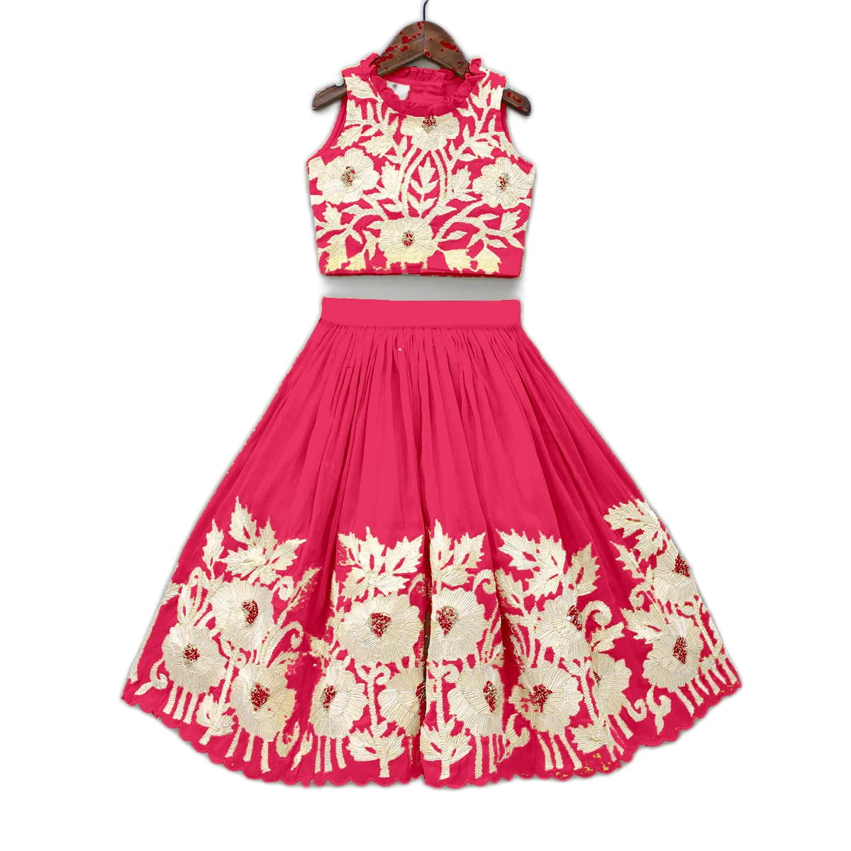 Om Guru Creation Kids Girls Heavy Embroidered Cotton Thread Work Crop Top With Lehenga