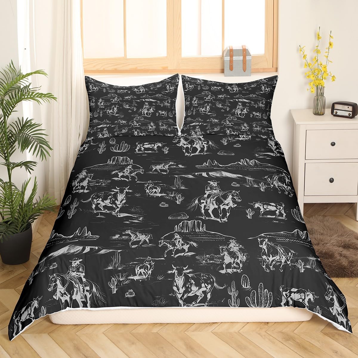 Feelyou Kids Wild West Cowboy Bedding Set Twin Size Western Decor Duvet Cover for Boys Girls Teens Bedroom Decor Rodeo Cowboy Style Comforter Cover Set Black Bedspread Cover with 1 Pillow Case